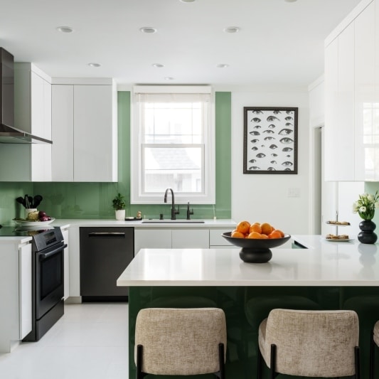 Contemporary green & white kitchen with green glass backsplash