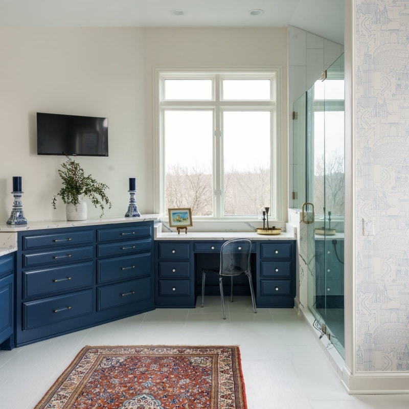 Overland Park bathroom remodel with navy vanity