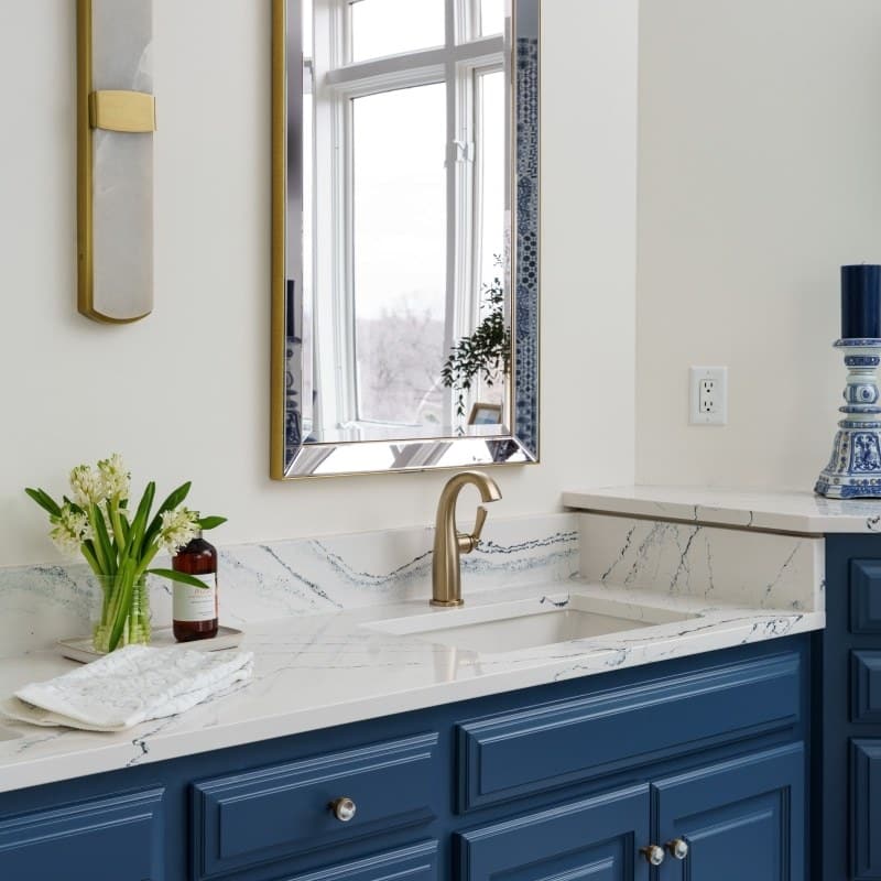 Overland Park bathroom remodel with navy vanity