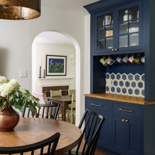 Coffee nook with navy and warm accents