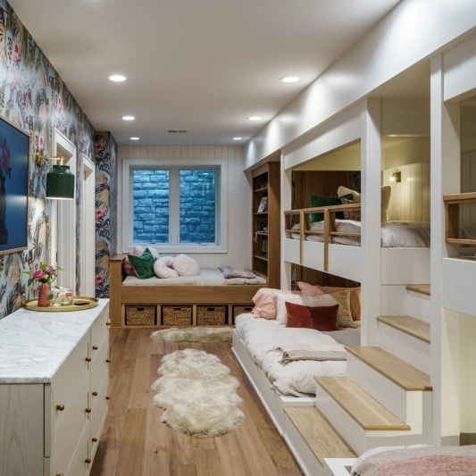 Luxury basement remodel with girls bunk room