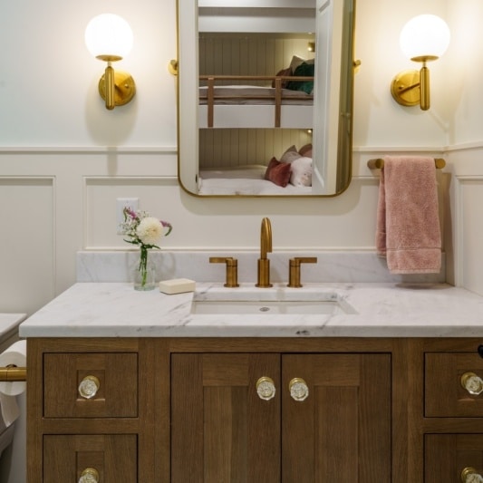 Luxury basement remodel with girls bunk room bathroom