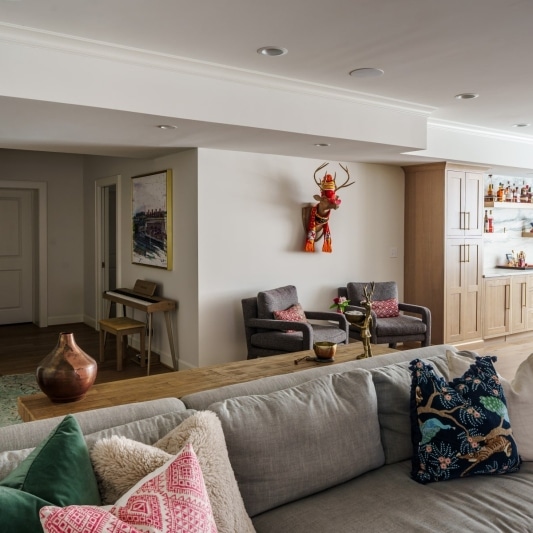Luxury basement remodel living area in basement