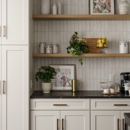 custom coffee bar in modern main floor remodel with white backsplash and white cabinets and dark cambria quartz counters