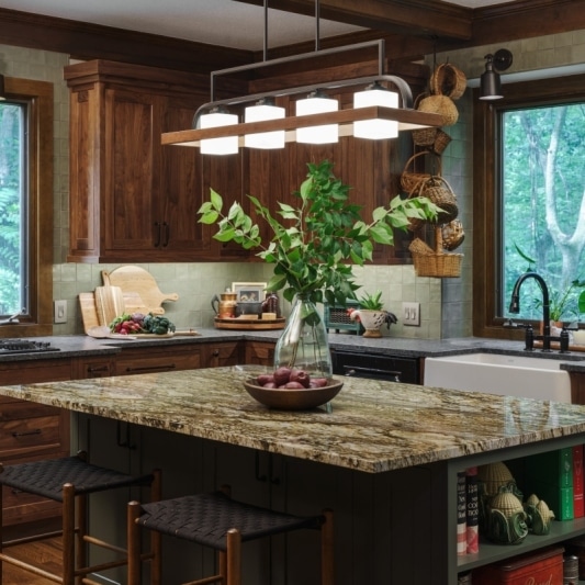modern craftsman inspired kitchen with warm wood tones and dark earth tones
