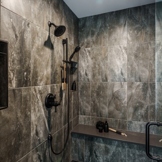 dark grey and black walk in shower