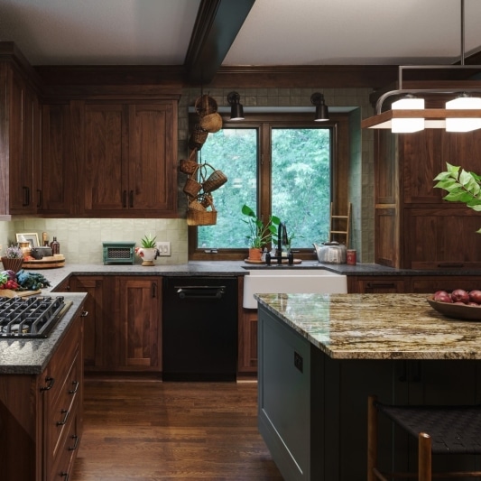 modern craftsman inspired kitchen with warm wood tones and dark earth tones