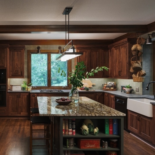 modern craftsman inspired kitchen with warm wood tones and dark earth tones