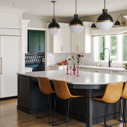 modern funky whole home remodel with classic white kitchen and art deco inspired butlers pantry