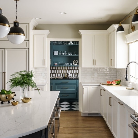 modern funky whole home remodel with classic white kitchen and art deco inspired butlers pantry