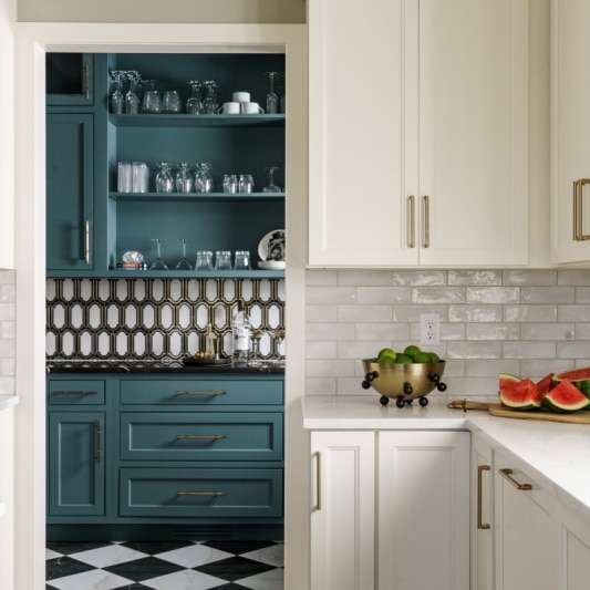 modern funky whole home remodel with classic white kitchen and art deco inspired butlers pantry