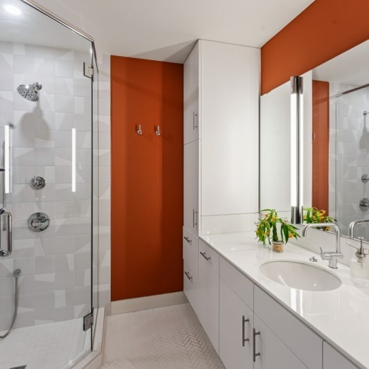contemporary bathroom with retro inspired tile and rust paint color