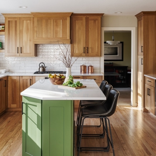 An interior view of a warm and inviting kitchen featuring light wood cabinets, a green kitchen island with a white countertop and three black stools, and stainless steel appliances.