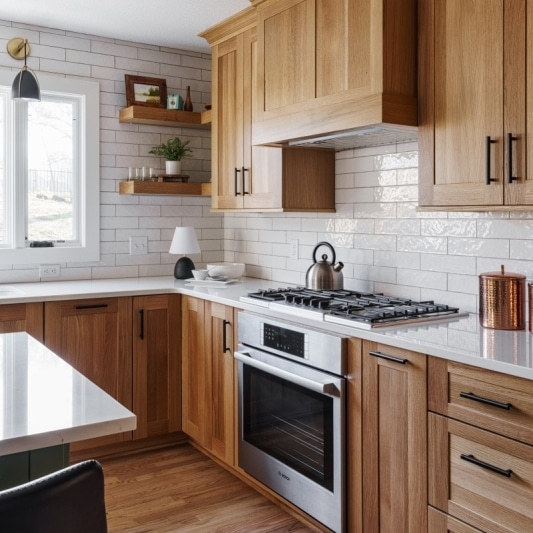 An interior view of a well-lit kitchen featuring warm wood cabinetry, a white countertop, a white subway tile backsplash, and stainless steel appliances.