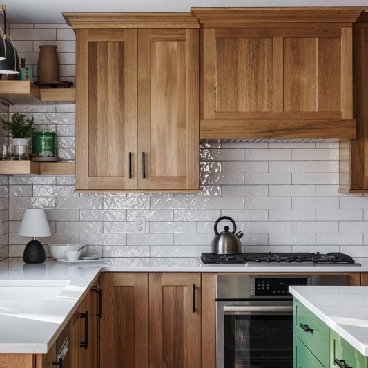 An interior view of a well-lit kitchen featuring warm wood cabinetry, a green kitchen island with a white countertop, and a white subway tile backsplash.