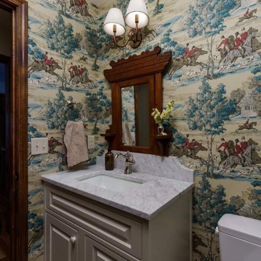 Vintage charm wallpaper powder bath details