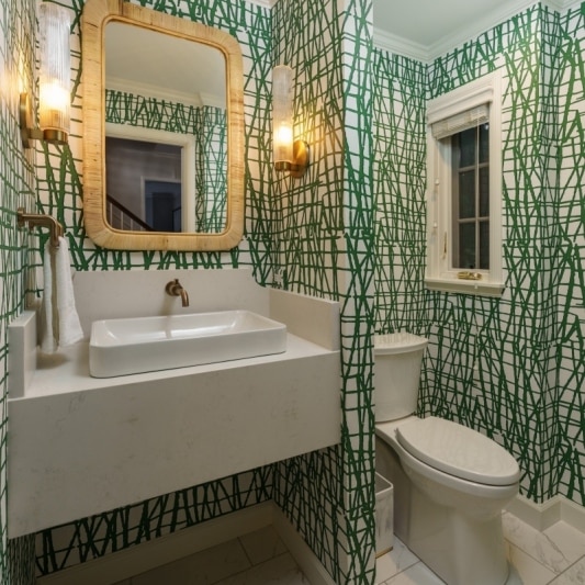 Powder Bathroom with green abstract wallpaper