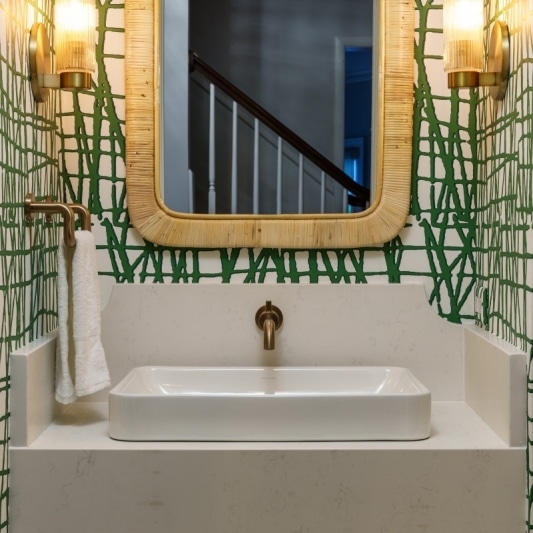 Powder Bathroom with green abstract wallpaper