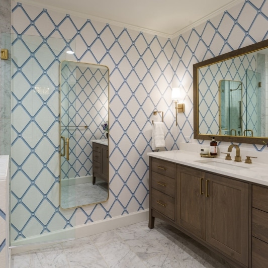 Bathroom remodel with free standing vanity and luxury shower