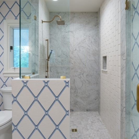 Bathroom remodel with free standing vanity and luxury shower