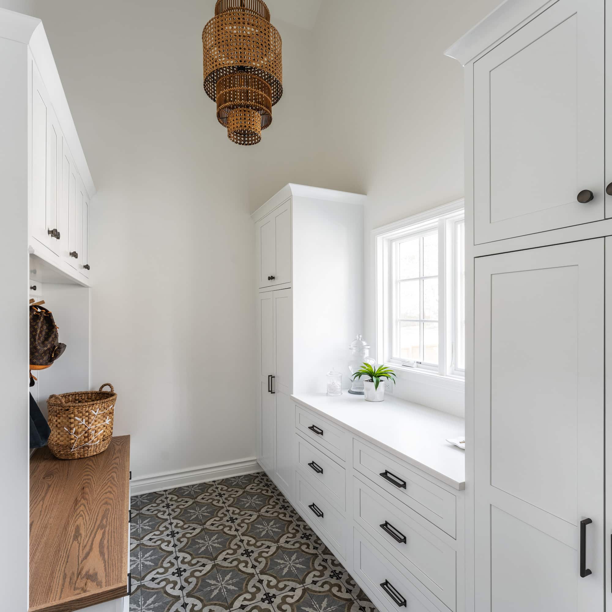 Mudroom addition with pattern tile floor