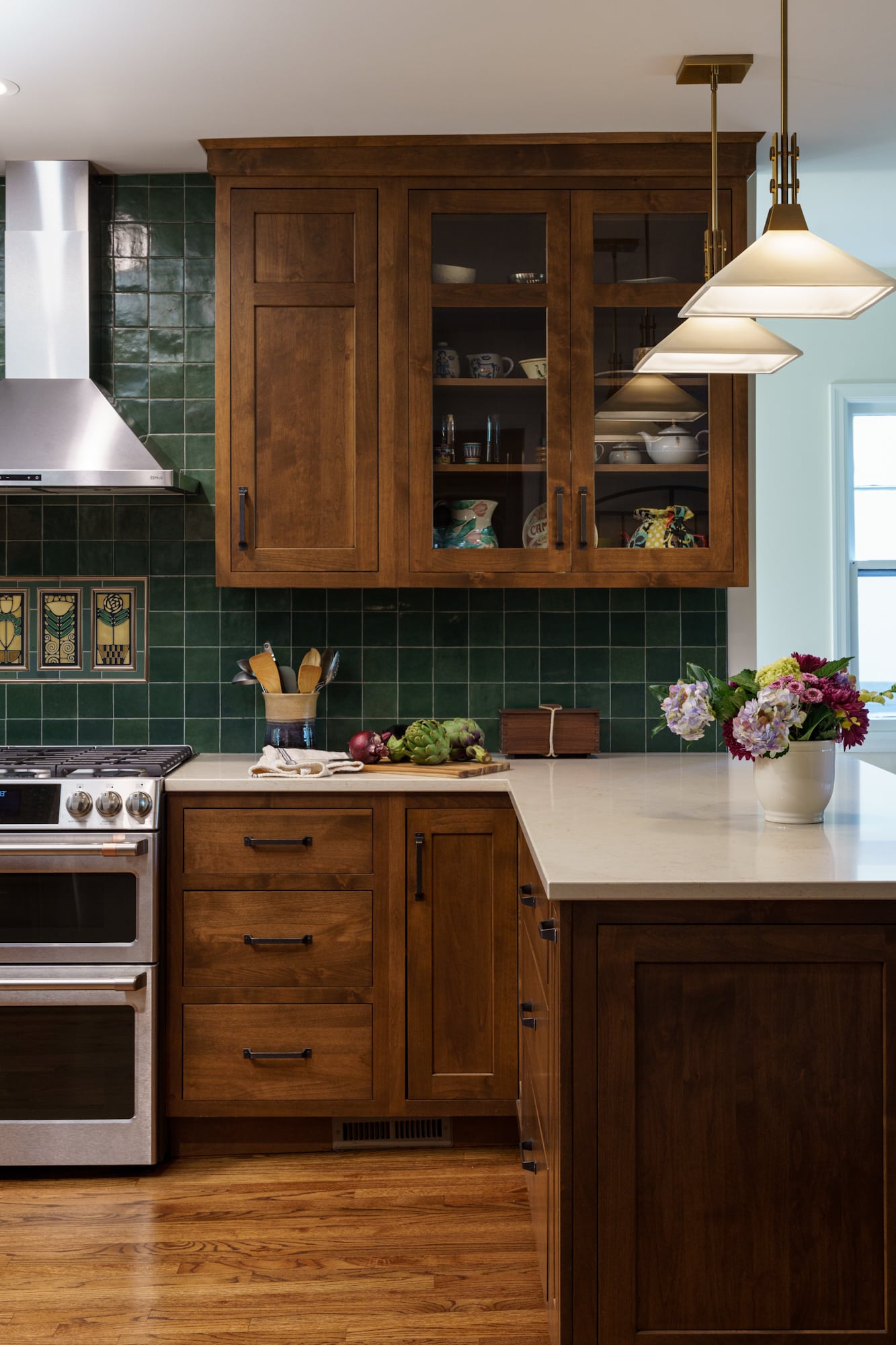 Kansas City Kitchen remodel | stained cabinets | green backsplash