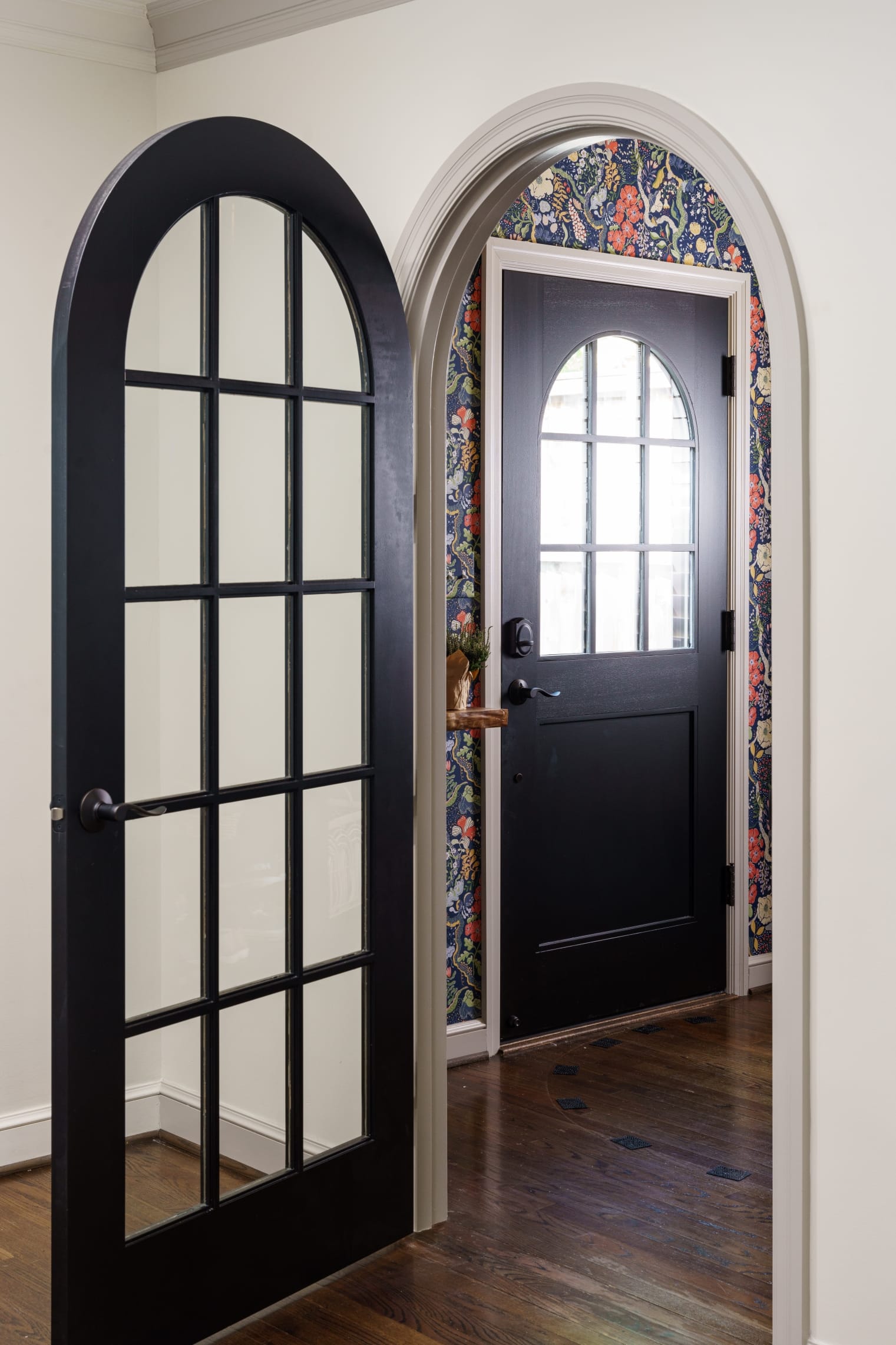 Kansas City mudroom remodel with bold wallpaper
