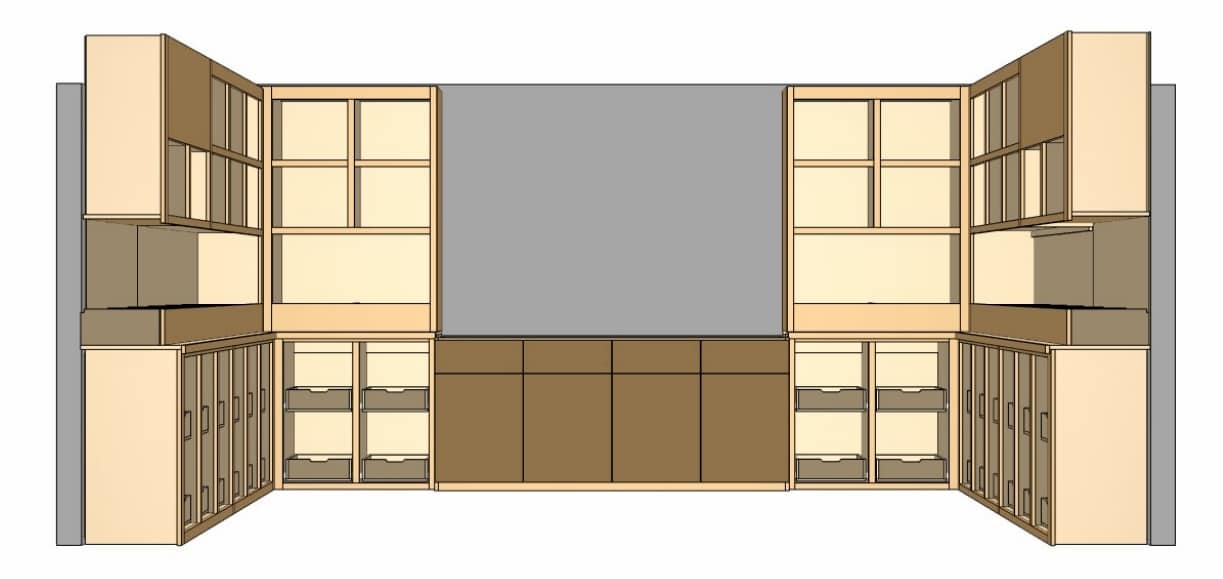 cabinet elevation image from wes edwin designs shows front view of white oak cabinets for custom record storage