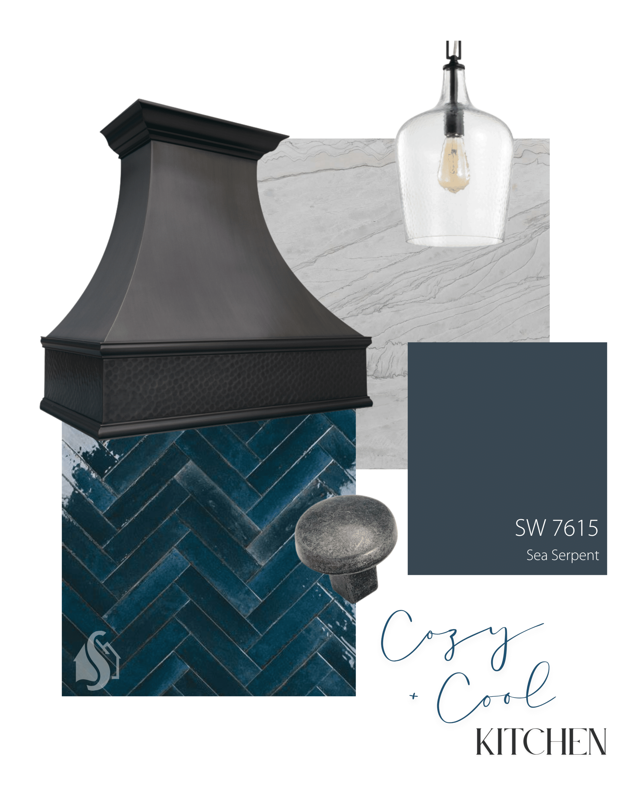 Design board with range hood, lighting, paint swatch, hardware elements and text saying cozy and cool kitchen to show what the vibe of the space will be