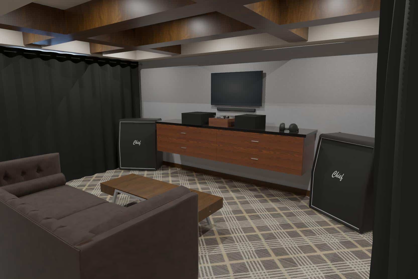 3D Rendering of new music listening with plaid carpet and wood cabinets and moody decor. 