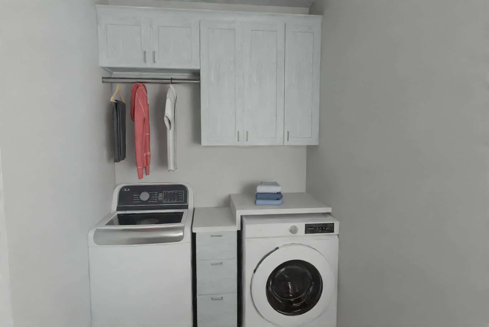 laundry room rendering showing washer and dryer with built in drawers and storage cabinets above with a small rod for hanging.