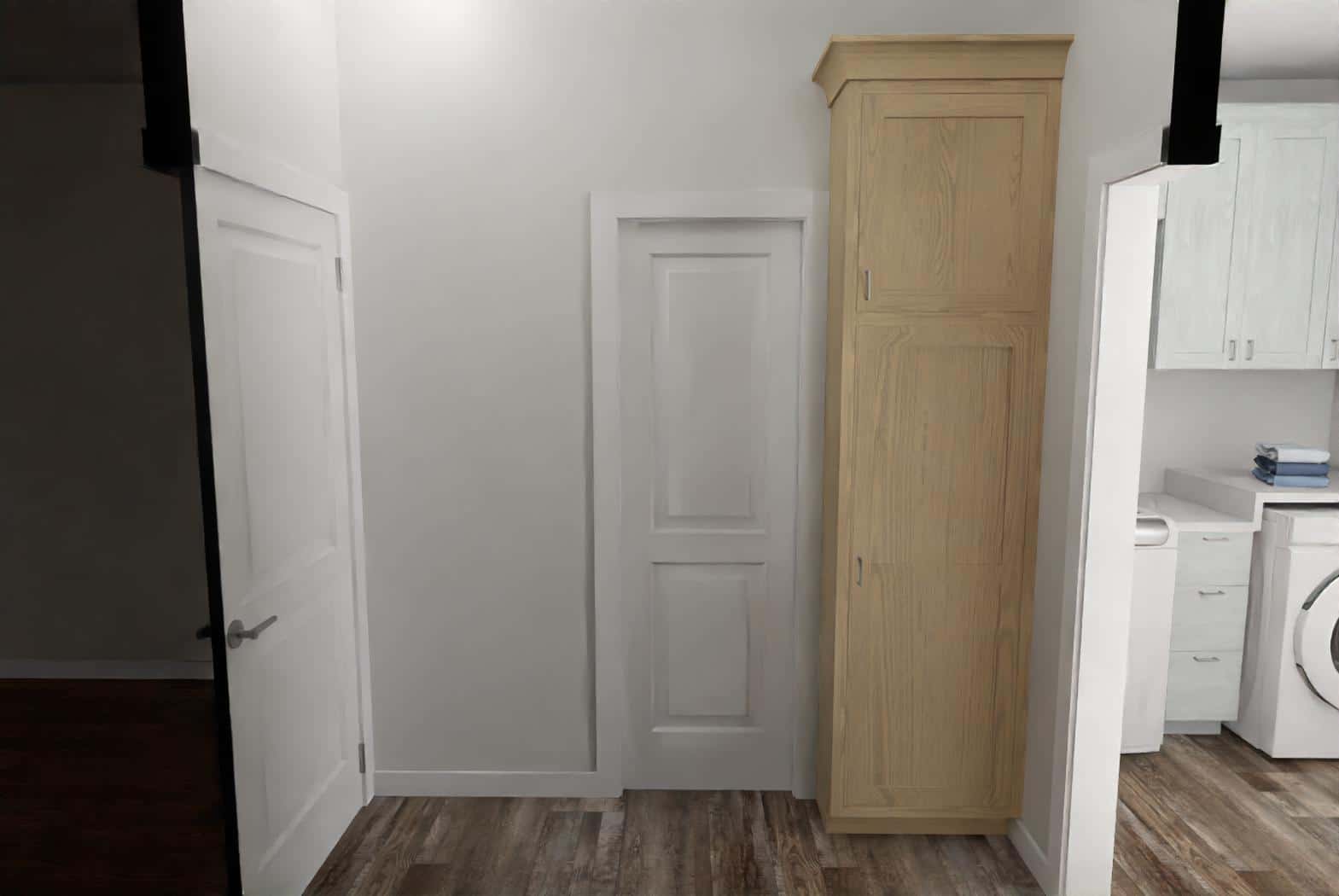 mudroom nook rendering showing full length floor to almost ceiling storage cabinet built in outside the door of the powder bath