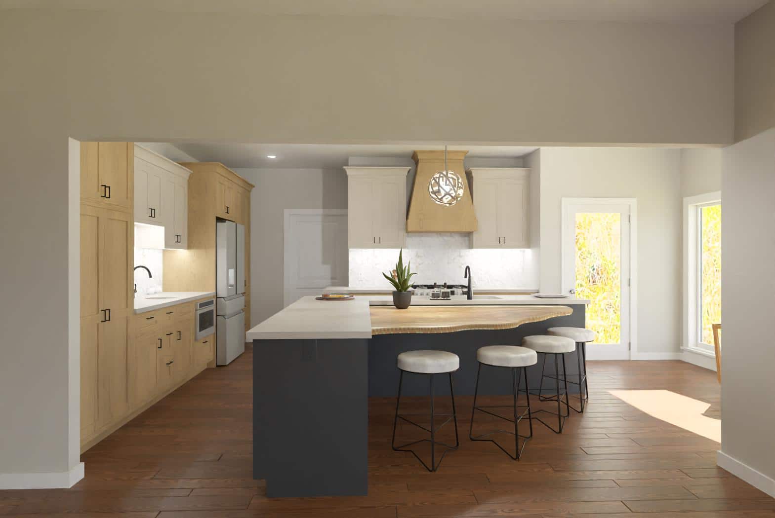 new kitchen full scale rendering from living room view