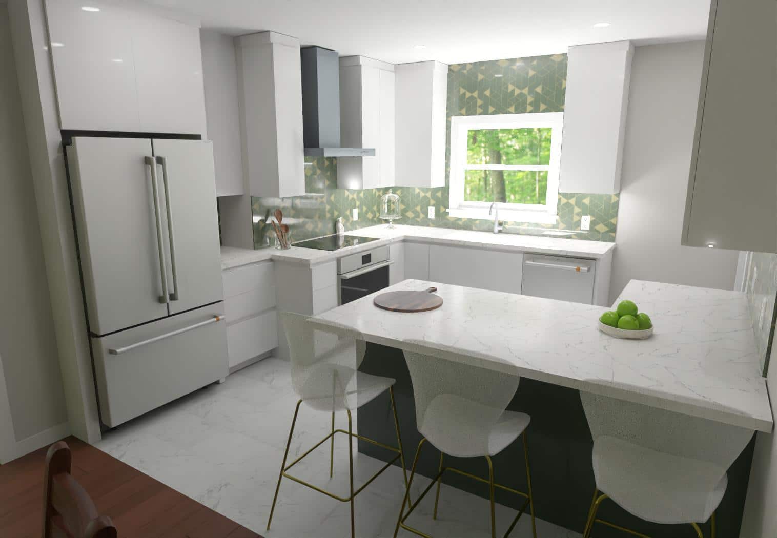 3D rendering of the green glass kitchen featuring a sleek glossy green island and european tile and green painted back glass backsplash