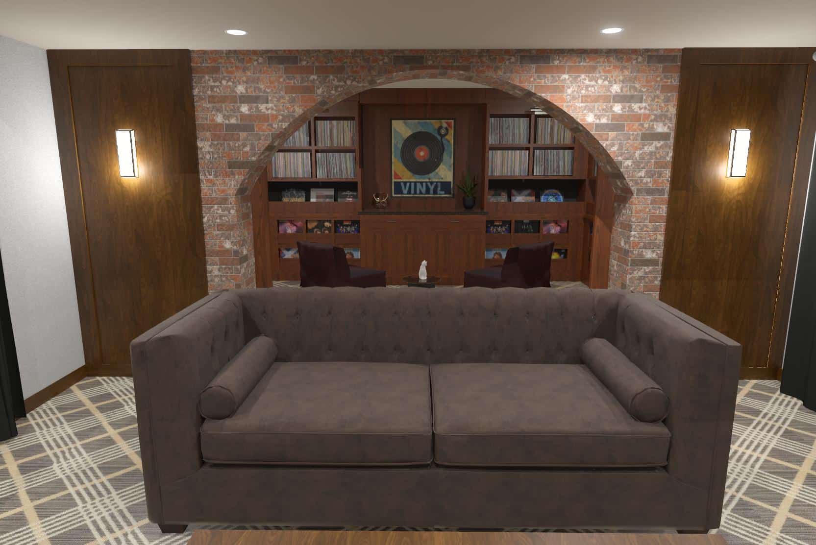 3D Rendering of new music listening space and looking into record storage are with plaid carpet and wood cabinets and moody decor. 