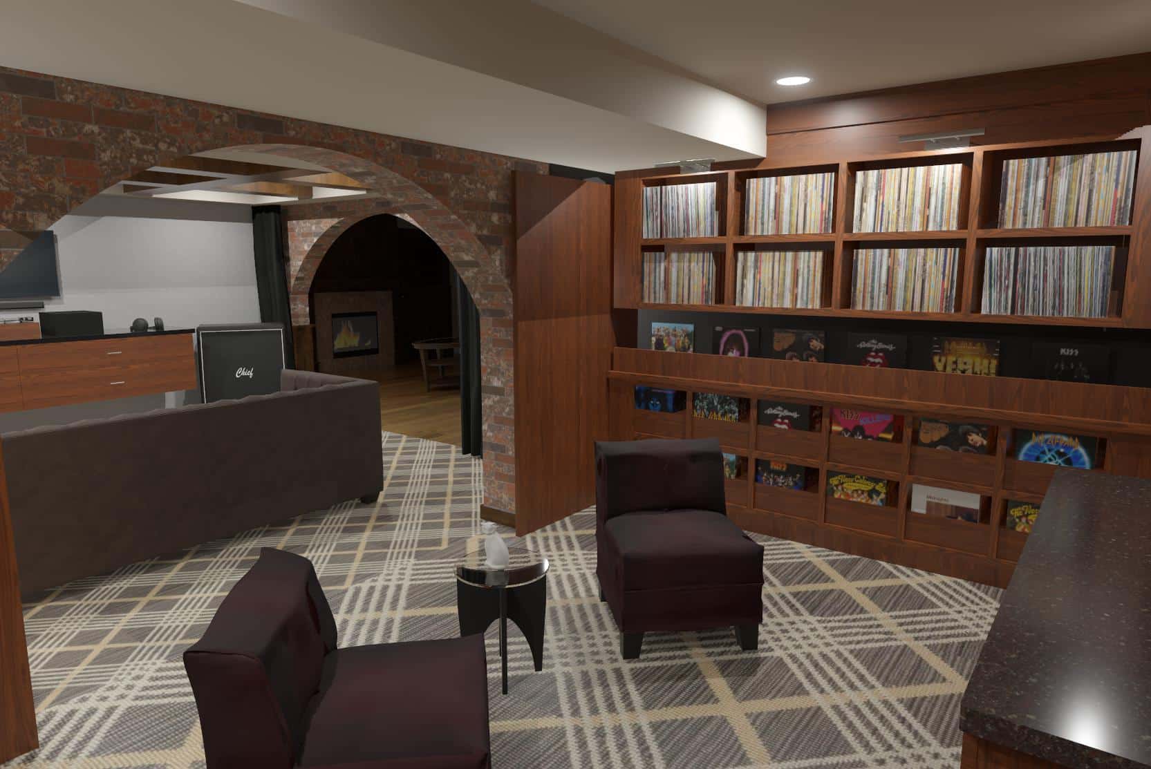 3D Rendering of new music listening space and looking into record storage are with plaid carpet and wood cabinets and moody decor. 