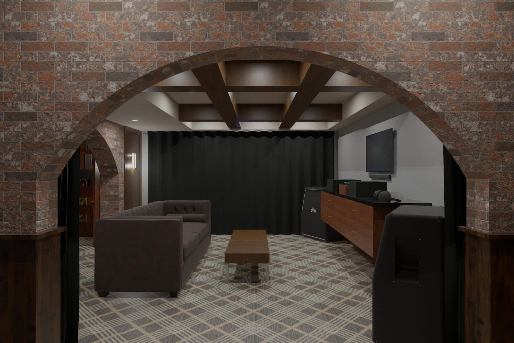 3D Rendering of new music listening with plaid carpet and wood cabinets and moody decor. 