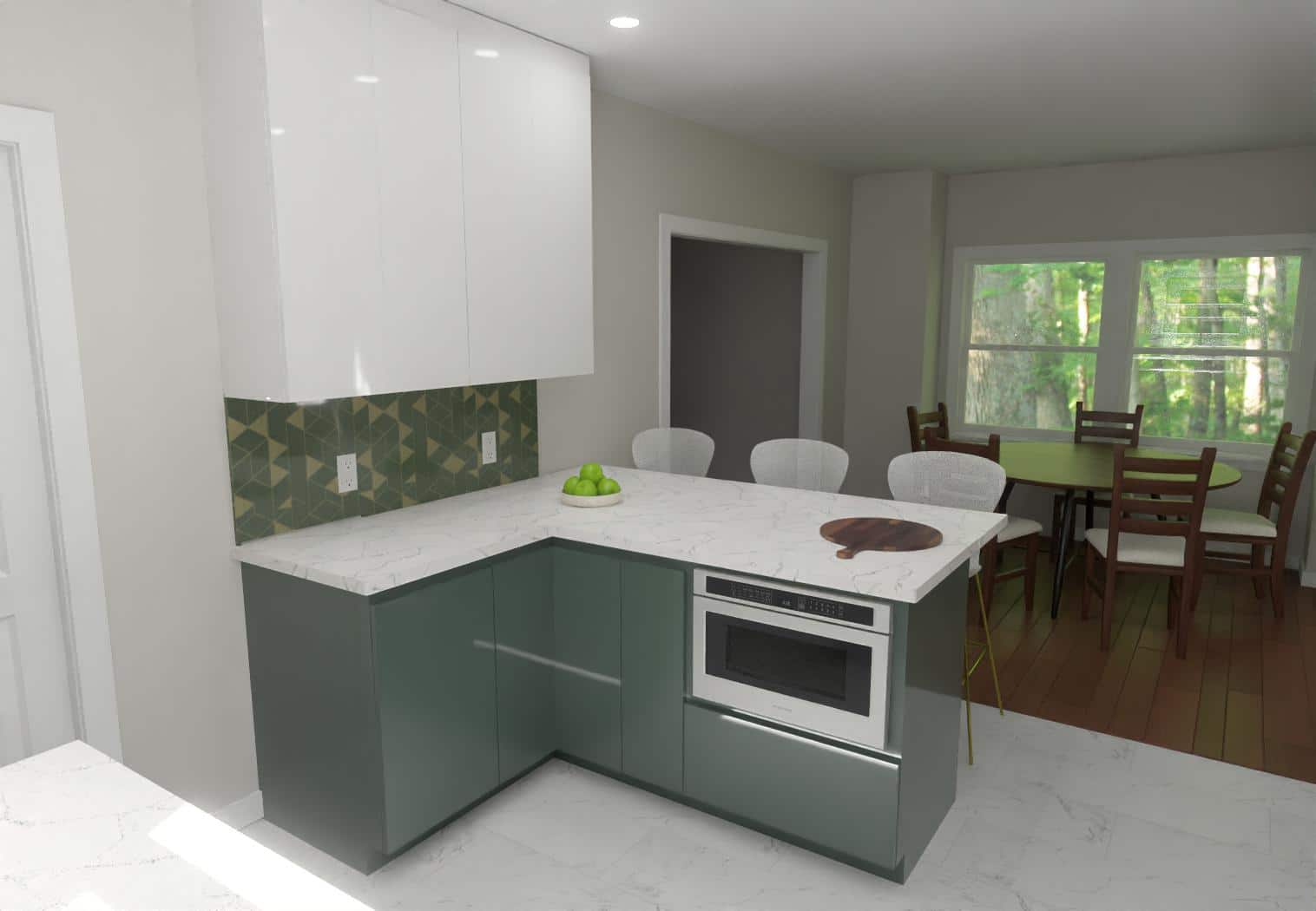 3D rendering of the green glossy sleek peninsula and painted back glass backsplash in the new kitchen