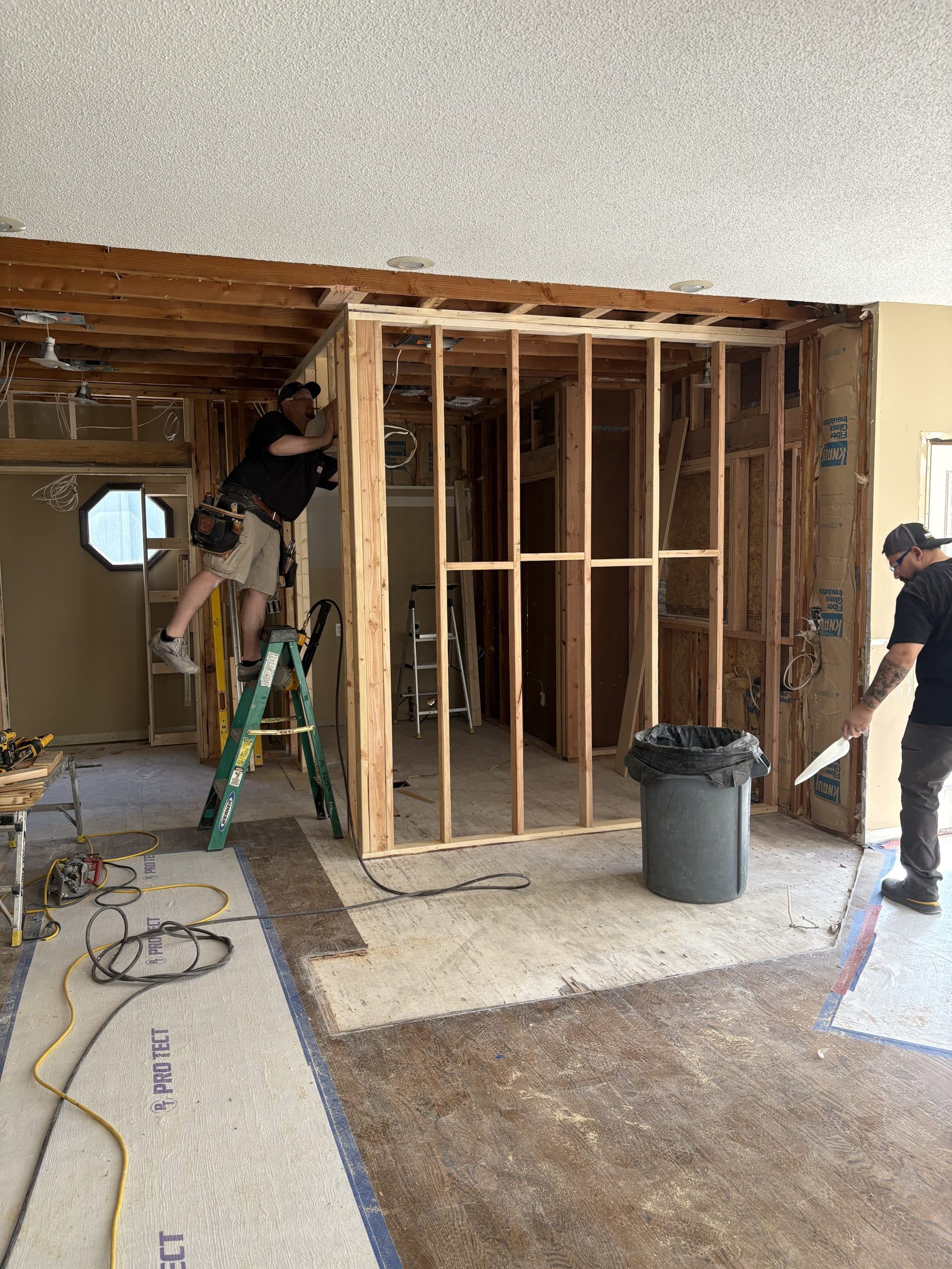 Another view of the framing taking shape of the wall that seperates the laundry room from the kitchen 