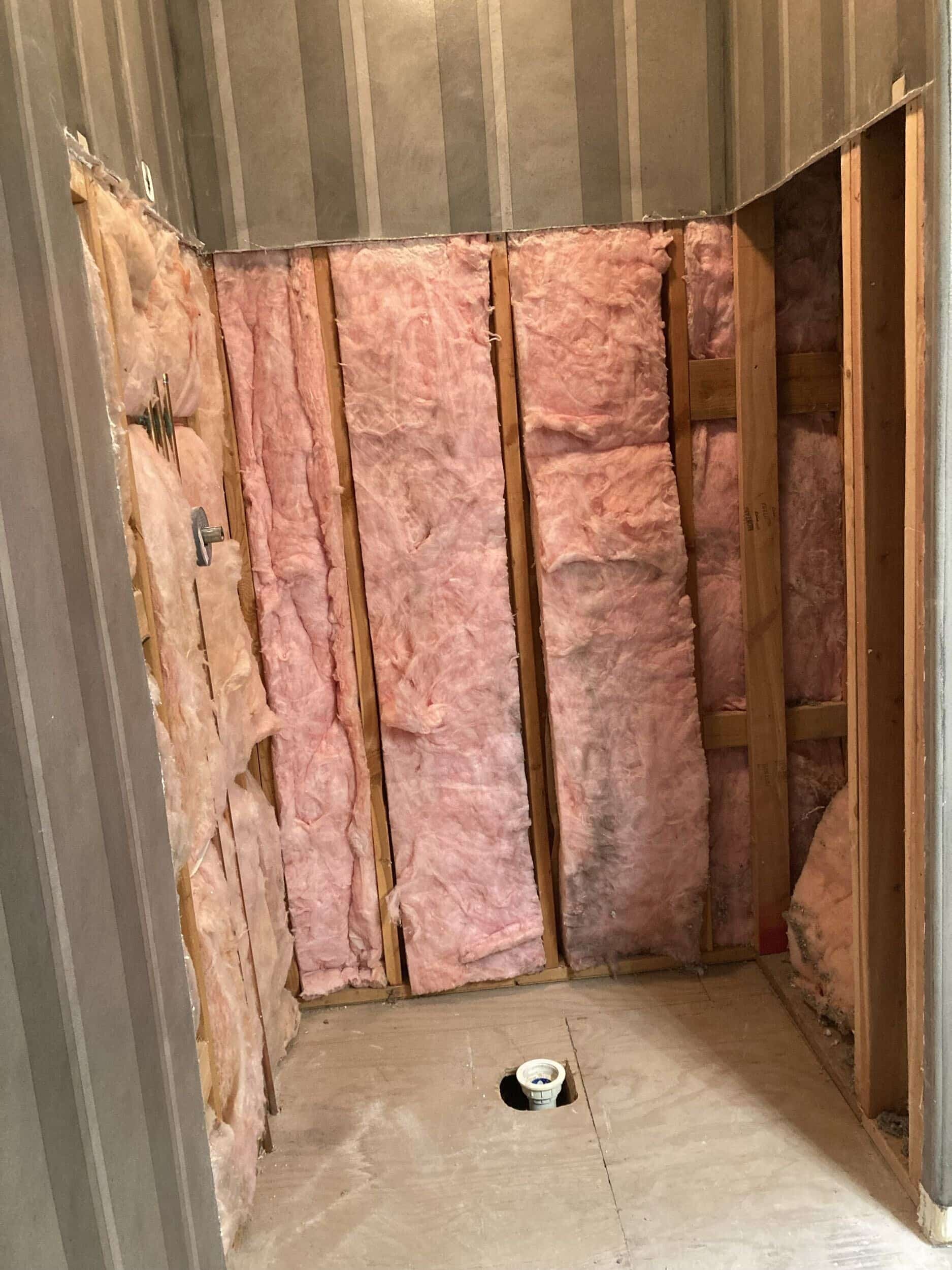insulation after one piece shower enclosure was ripped out in demo phase of bathroom remodel