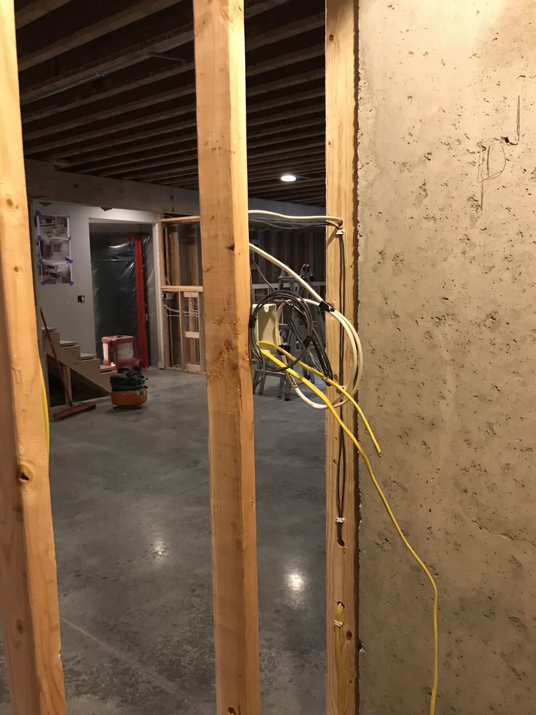 electrical rough in phase of basement remodel in leawood