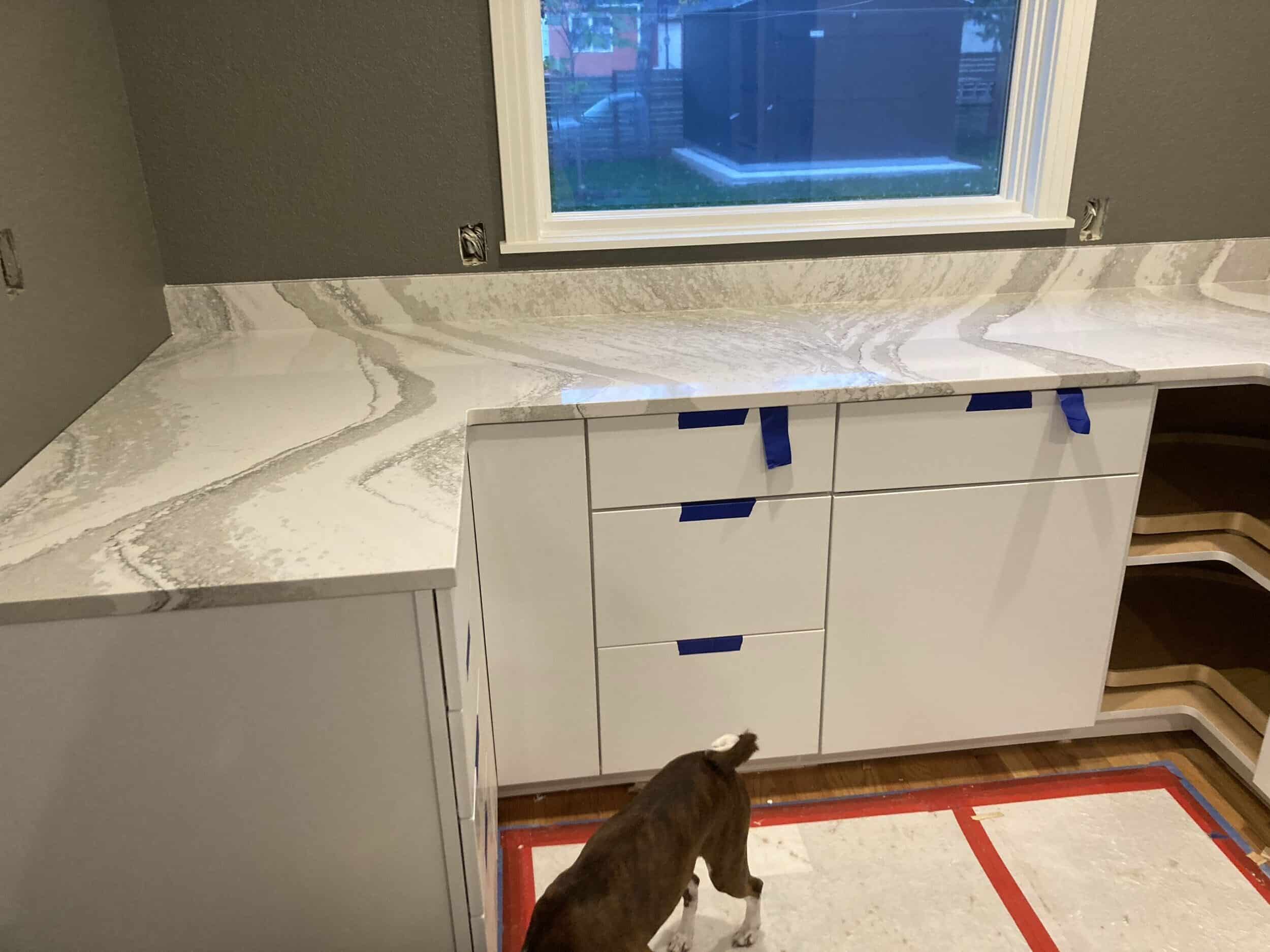 corner area of cabinets with new counters installed