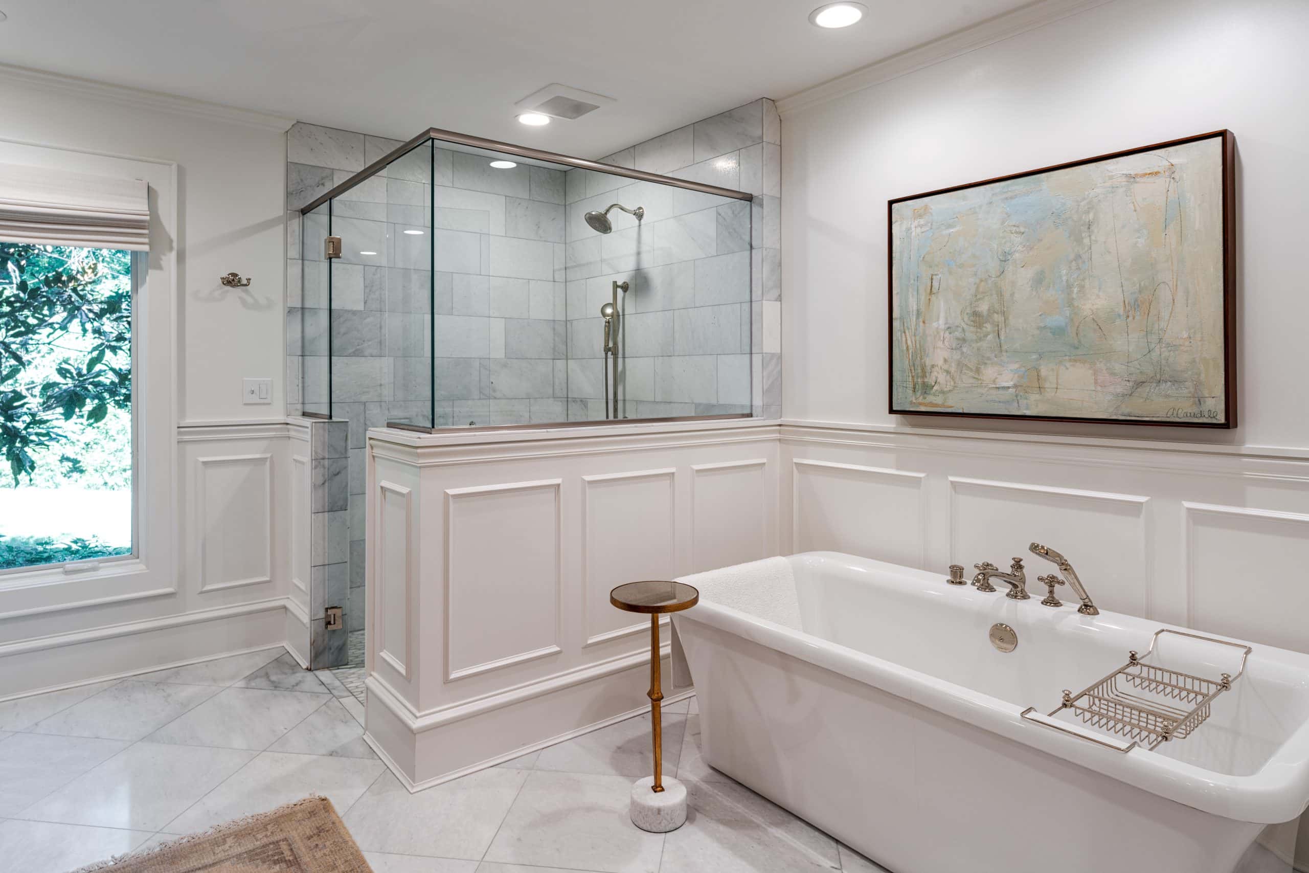 large bathroom with big walk-in shower sliding door 