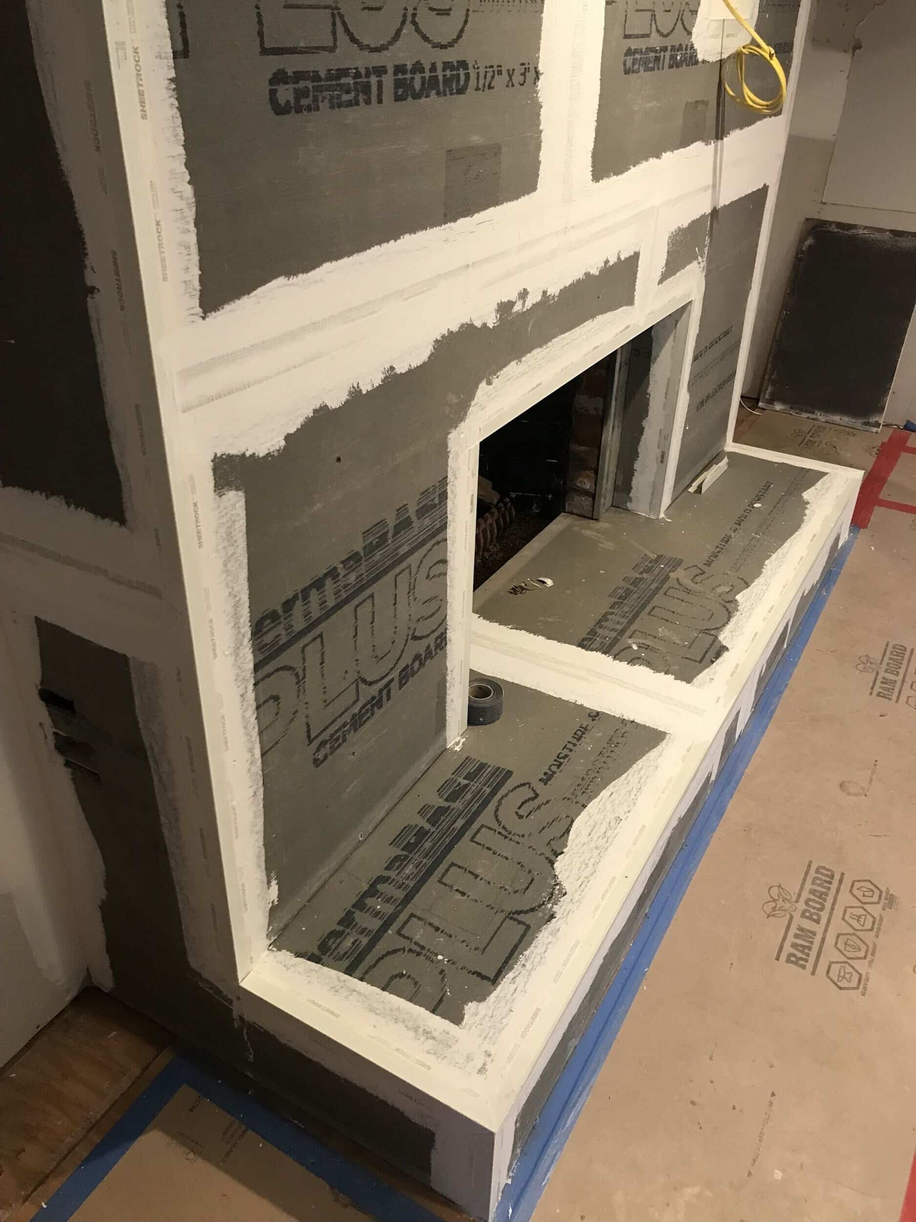 fireplace concrete board prepping for plaster finish