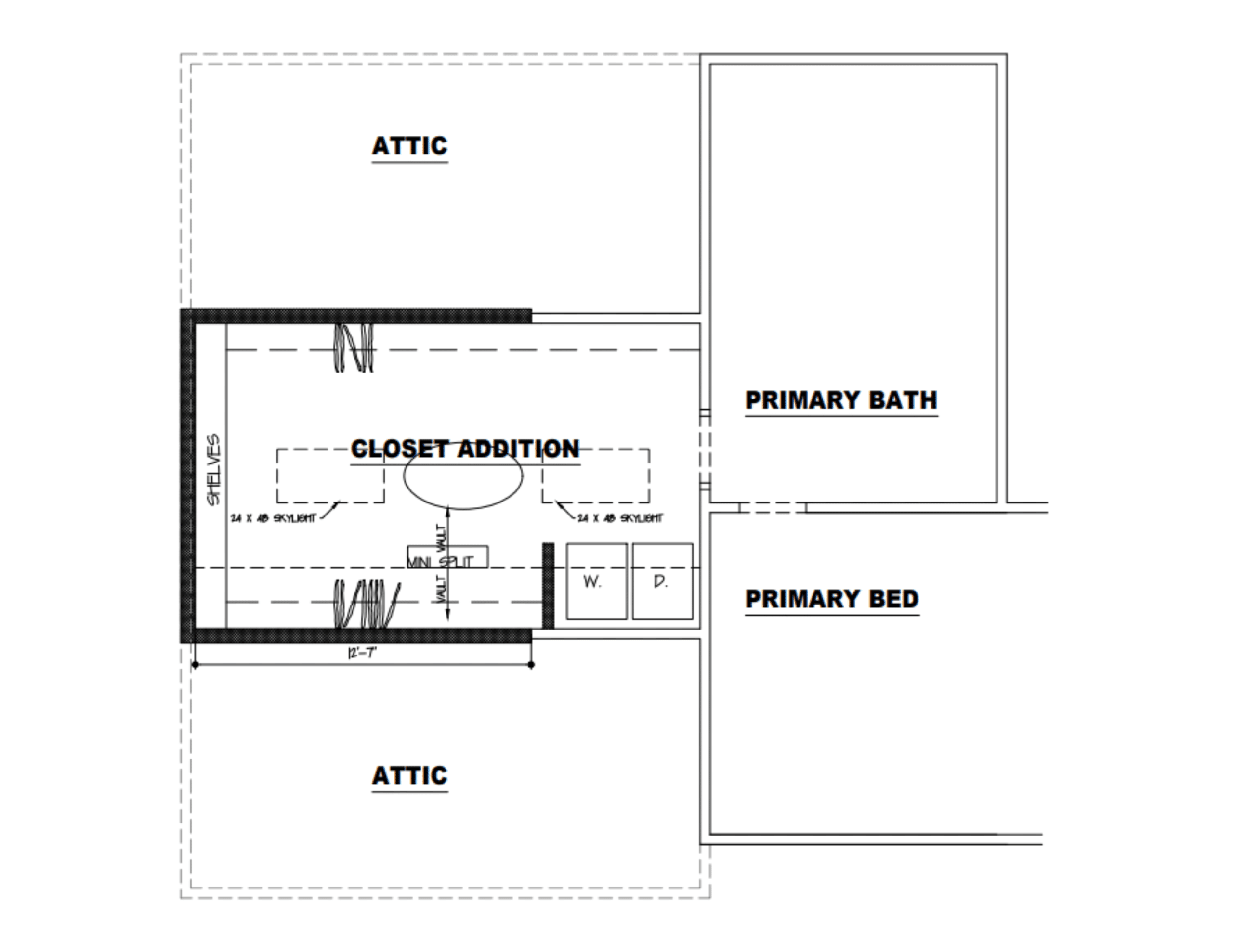 new floor plans expanding the closet into the unused attic space to create more room for clothing and moving the washer and dryer across from their original spot 
