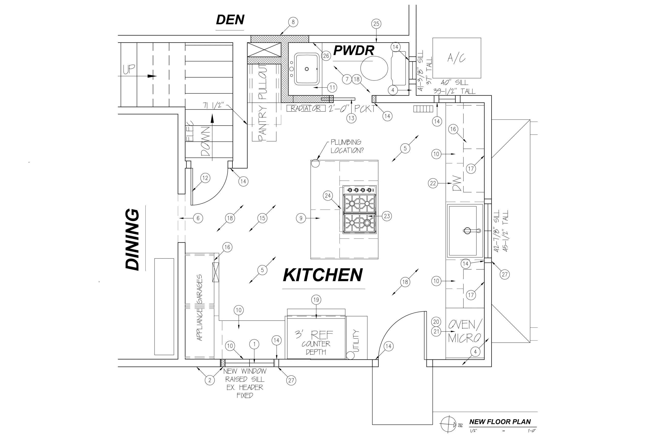 new floor plans for the kcmo home showing the larger kitchen and layout of powder bath being different