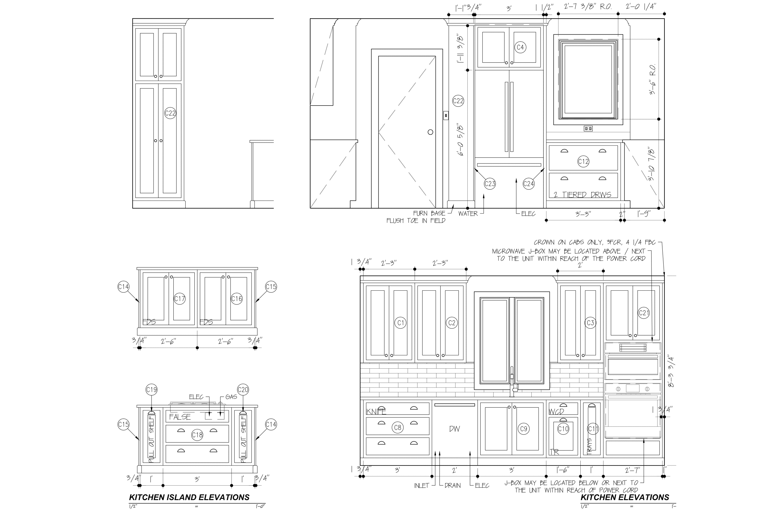 cabinet elevations showing front profile of new cabinets for the kitchen remodel 
