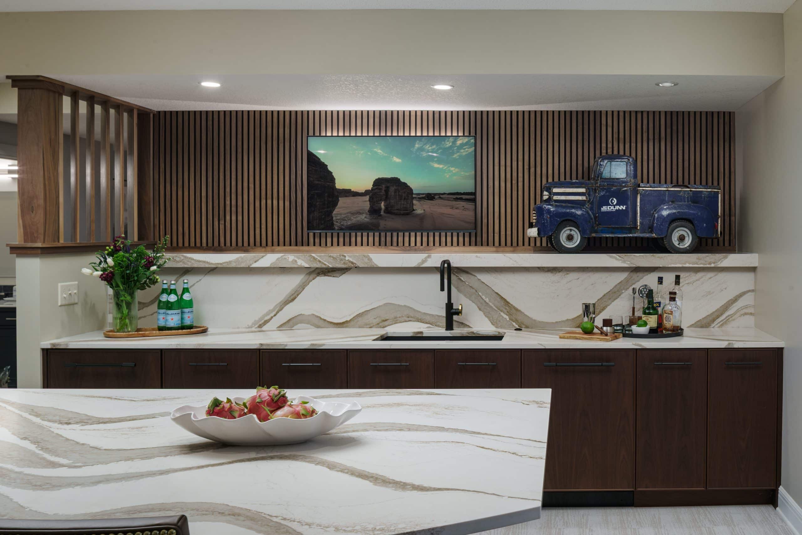 leawood basement remodel featuring cambria quartz