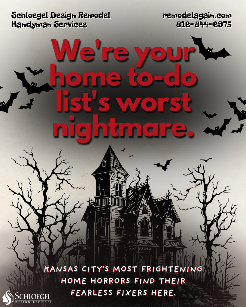 graphic design element with a haunted house and halloween scary fonts that read we're your to-do lists worst nightmare promoting our handyman services in the kansas city area.