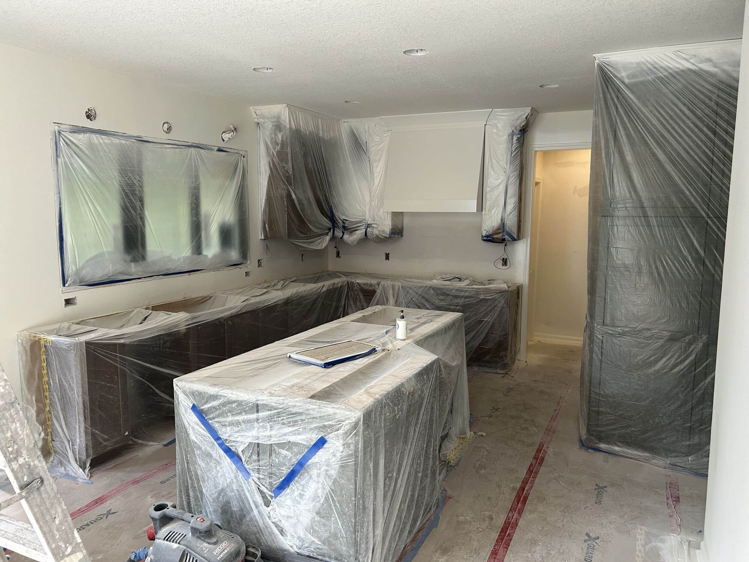 everything carefully covered with plastic so we can paint the cielings and walls in this overland park kitchen remodel